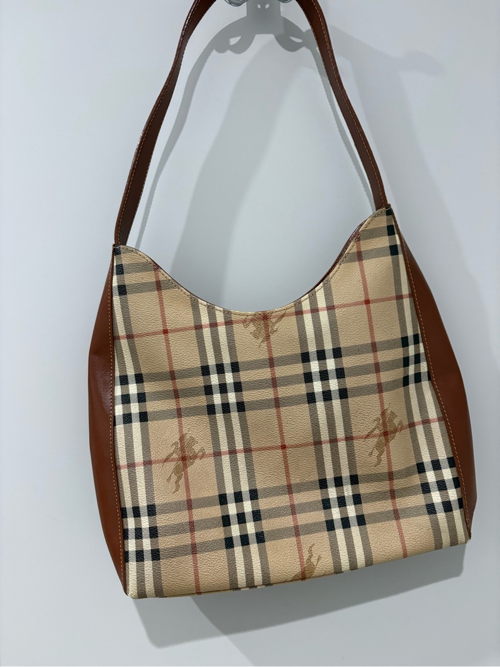Burberry Nova Beige Plaid & Brown Leather Hobo Bag